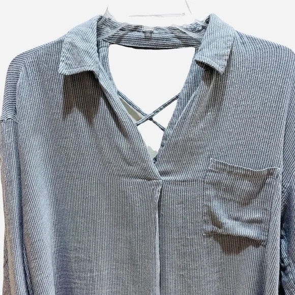 William Rast Blue Chambray Ticking Striped Pullover Top 3/4 Sleeves Sz M - Picture 9 of 11
